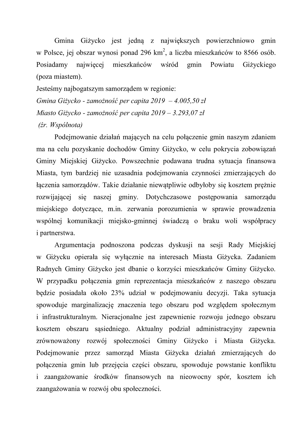 Stanowisko Radnych Gminy Giżycko